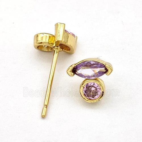 Copper Stud Earrings Pave Purple Zirconia Eye Gold Plated