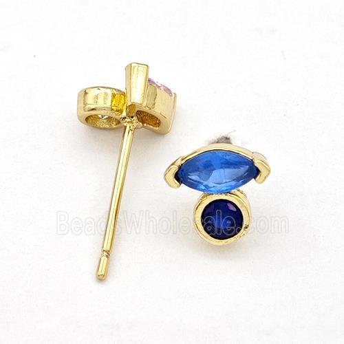 Copper Stud Earrings Pave Blue Zirconia Eye Gold Plated