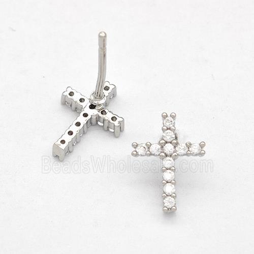 Copper Cross Stud Earrings Pave Zirconia Platinum Plated