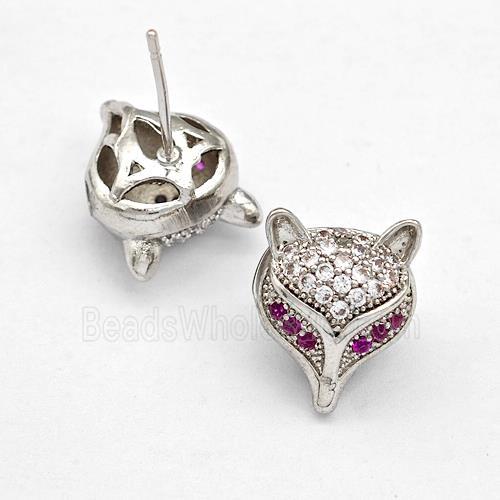Copper Stud Earrings Pave Zirconia Fox Platinum Plated