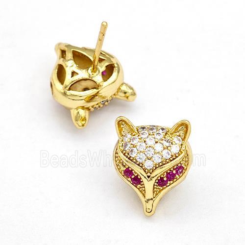 Copper Stud Earrings Pave Zirconia Fox Gold Plated