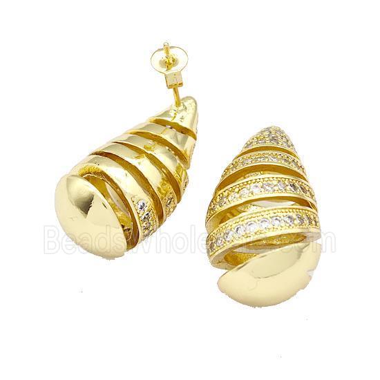Copper Teardrop Stud Earrings Micro Pave Zirconia Hollow Gold Plated