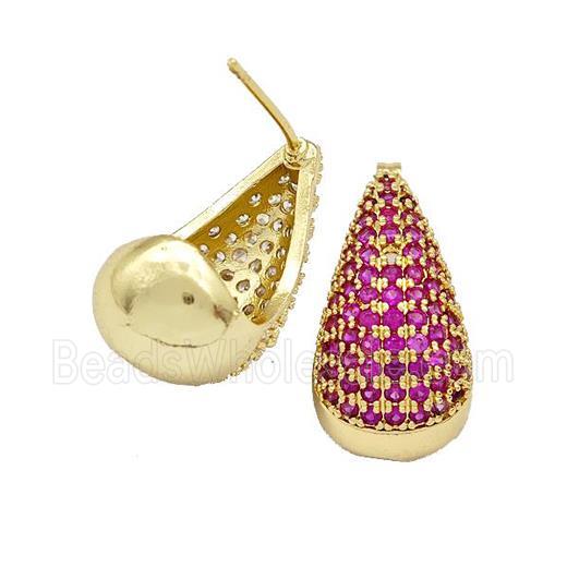 Copper Teardrop Stud Earrings Micro Pave Fuchsia Zirconia Gold Plated