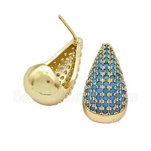 Copper Teardrop Stud Earrings Pave Turqblue Zirconia Hollow Gold Plated