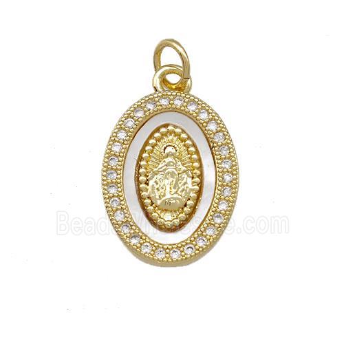 Virgin Mary Charms Copper Oval Pendant Pave Shell Zirconia 18K Gold Plated