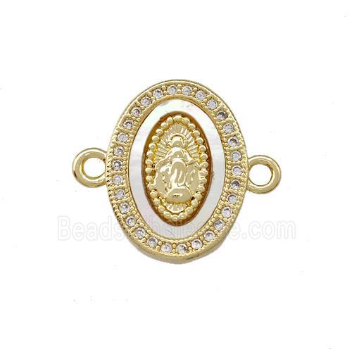 Virgin Mary Charms Copper Oval Connector Pave Shell Zirconia 18K Gold Plated