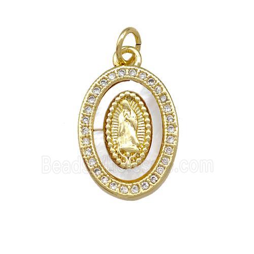 Jesus Charms Copper Oval Pendant Pave Shell Zirconia 18K Gold Plated
