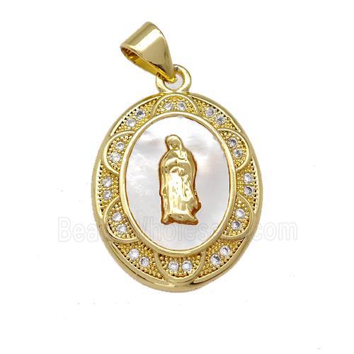 Jesus Charms Copper Oval Pendant Pave Shell Zirconia 18K Gold Plated