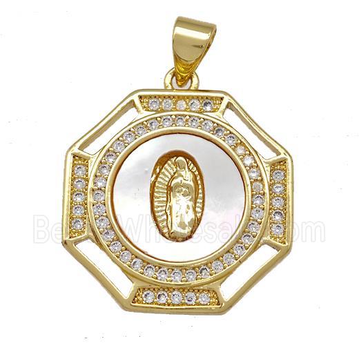 Jesus Charms Copper Octangle Pendant Pave Shell Zirconia 18K Gold Plated