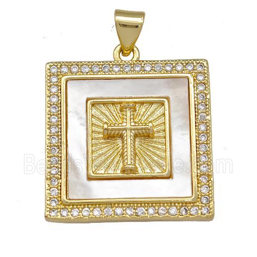Copper Square Pendant Pave Shell Zirconia Cross 18K Gold Plated
