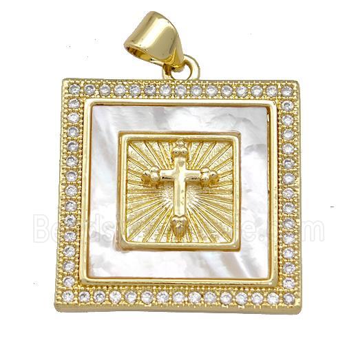 Copper Square Pendant Pave Shell Zirconia Cross 18K Gold Plated