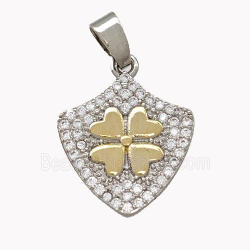 Copper Shield Pendant Micro Pave Zirconia Clover Platinum Plated