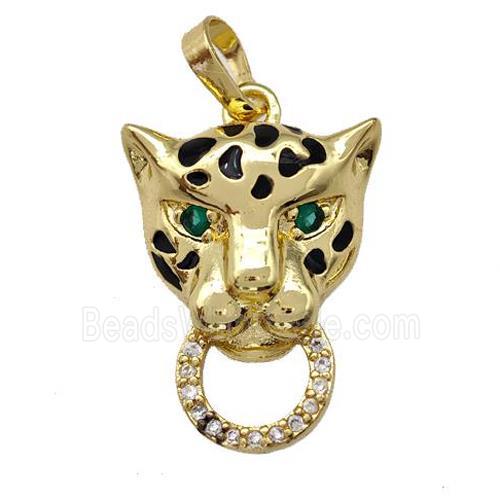 Copper Leopard Pendant Pave Zirconia Black Enamel Gold Plated