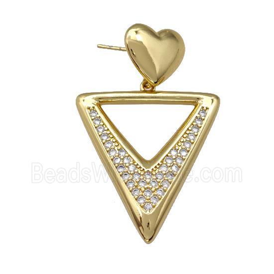 Copper Triangle Stud Earrings Pave Zirconia Heart Gold Plated