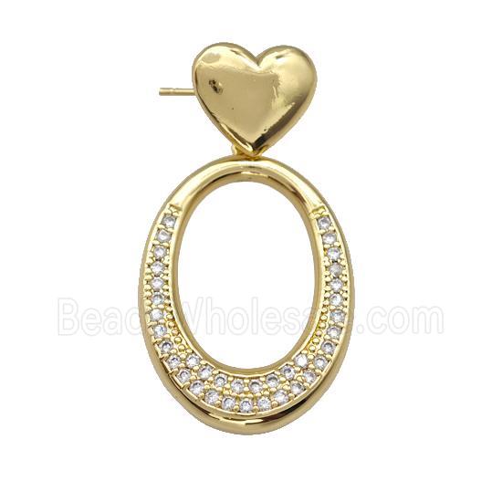 Copper Oval Stud Earrings Pave Zirconia Heart Gold Plated