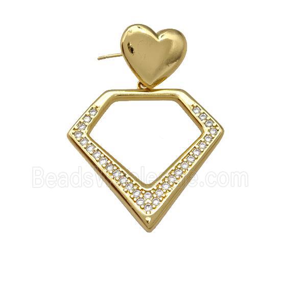Copper Diamond Stud Earrings Pave Zirconia Heart Gold Plated