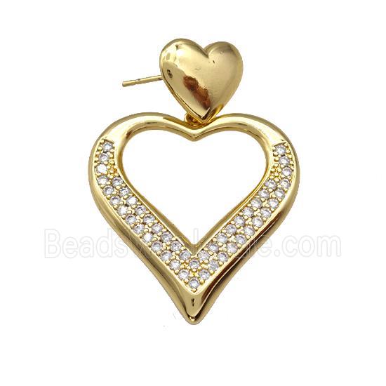 Copper Heart Stud Earrings Pave Zirconia Heart Gold Plated