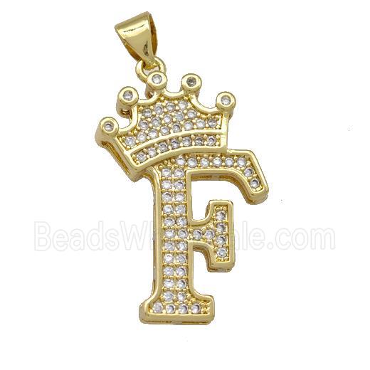 Copper Letter-F Pendant Micro Pave Zirconia Crown Gold Plated