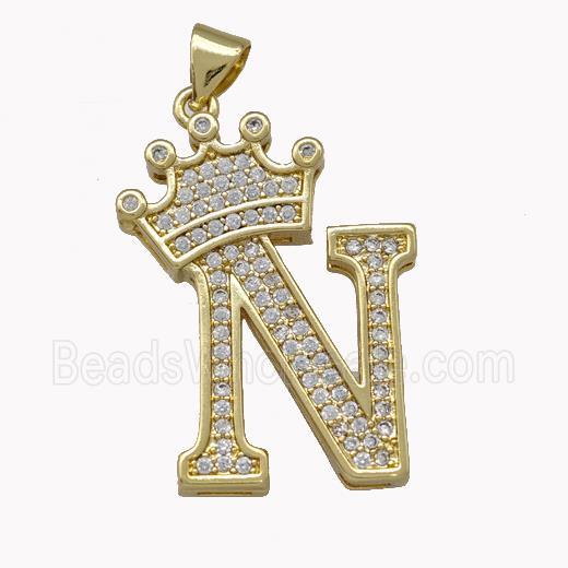 Copper Letter-N Pendant Micro Pave Zirconia Crown Gold Plated