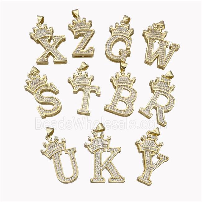 Copper Alphabet Pendant Micro Pave Zirconia Mixed Letters Crown Gold Plated