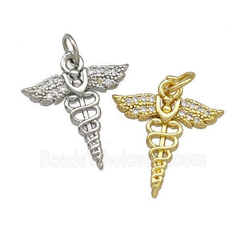 Copper Caduceus Charms Pendant Pave Zirconia Mixed