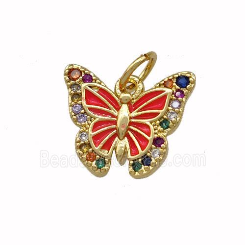 Copper Butterfly Pendant Pave Zirconia Red Painted Gold Plated