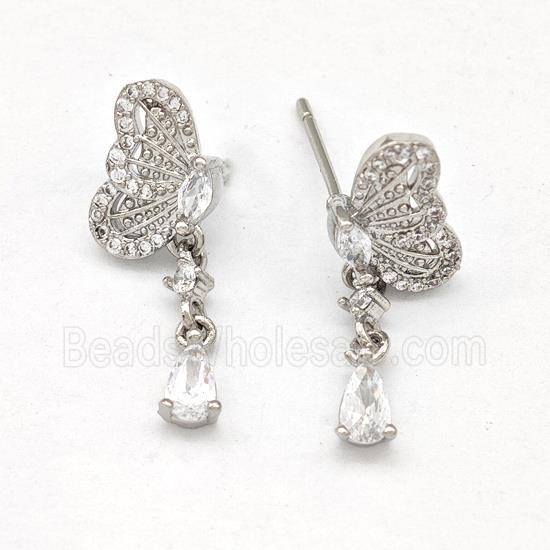 Copper Butterfly Earrings Stud Pave Zirconia Platinum Plated