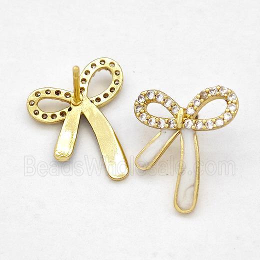 Copper Bow Earrings Stud Pave Zirconia White Enamel Gold Plated