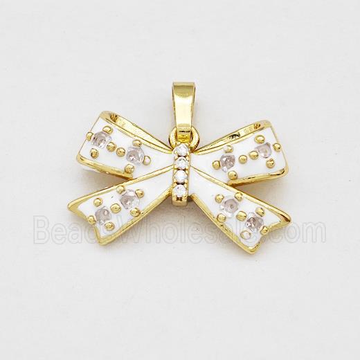 Copper Bow Pendant Pave Zirconia White Enamel Gold Plated
