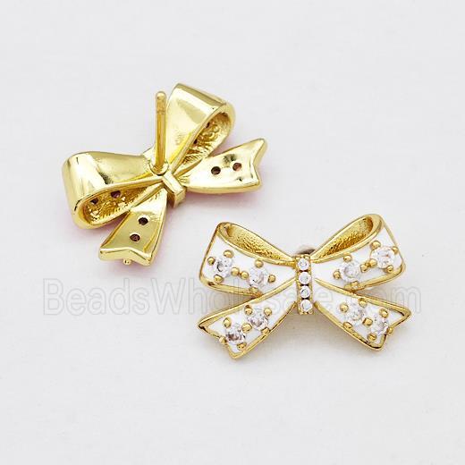 Copper Bow Stud Earrings Pave Zirconia White Enamel Gold Plated