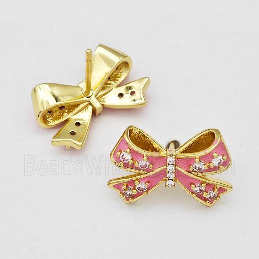 Copper Bow Stud Earrings Pave Zirconia Pink Enamel Gold Plated