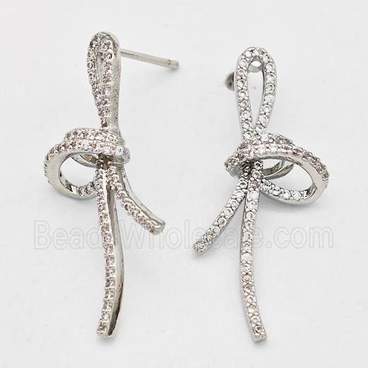 Copper Bow Stud Earrings Pave Zirconia Platinum Plated