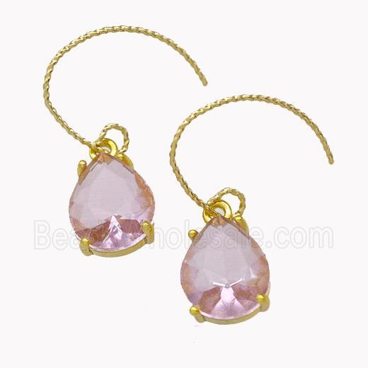 Copper Hook Earrings With Pink Crystal Glass Teardrop Gold Plated