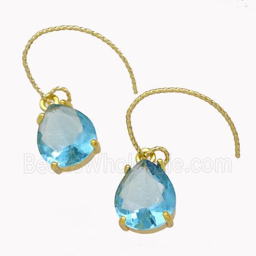 Copper Hook Earrings With Aqua Crystal Glass Teardrop Gold Plated