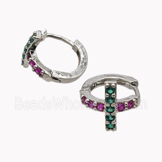 Copper Cross Hoop Earrings Pave Zirconia Platinum Plated