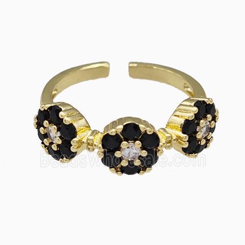 Copper Flower Rings Pave Black Zirconia Gold Plated