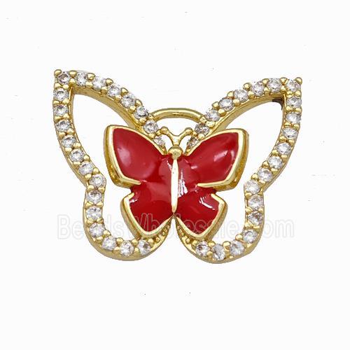 Copper Butterfly Pendant Pave Zirconia Red Enamel Gold Plated