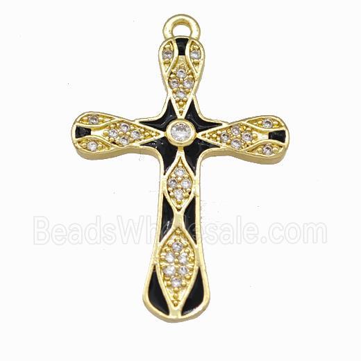 Copper Cross Pendant Pave Zirconia Black Enamel Gold Plated