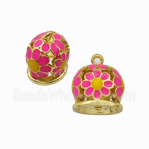 Copper Bell Pendant Daisy Pink Enamel Gold Plated