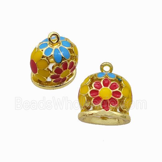 Copper Bell Pendant Daisy Multicolor Enamel Gold Plated