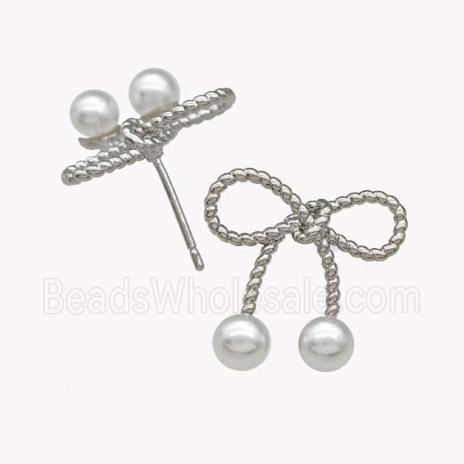 Copper Bow Stud Earrings Pave Pearlized Resin Platinum Plated