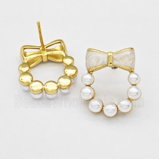 Copper Bow Stud Earrings Pave Pearlized Resin White Painted Gold Plated