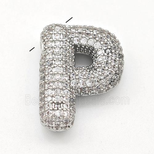 Copper Letter-P Pendant Micro Pave Zirconia Platinum Plated