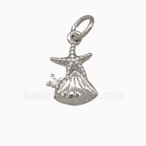 Starfish And Shell Charms Copper Pendant Pave Zirconia Platinum Plated