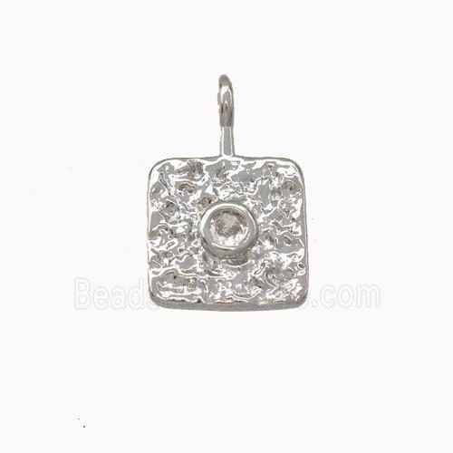 Copper Square Pendant Pave Zirconia Hammered Platinum Plated