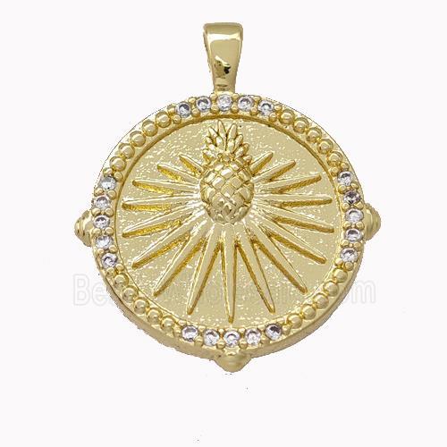 Pineapple Charms Copper Coin Pendant Pave Zirconia Gold Plated