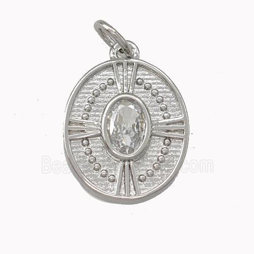 Copper Oval Pendant Pave Zirconia Cross Platinum Plated