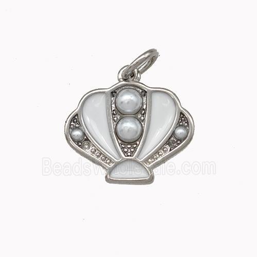 Scallop shell Charms Copper Pendant Pave Pearlized Resin White Enamel Platinum Plated