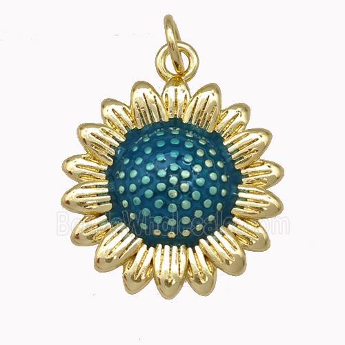 Copper Sunflower Pendant Teal Painted Gold Plated