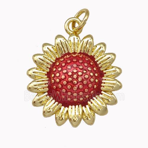Copper Sunflower Pendant Red Painted Gold Plated